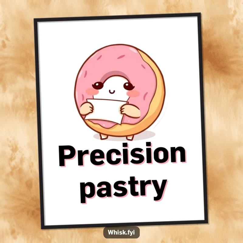 Funny, small donut character meticulously folding parchment paper, presented as a cheerful art print for kitchen walls.
