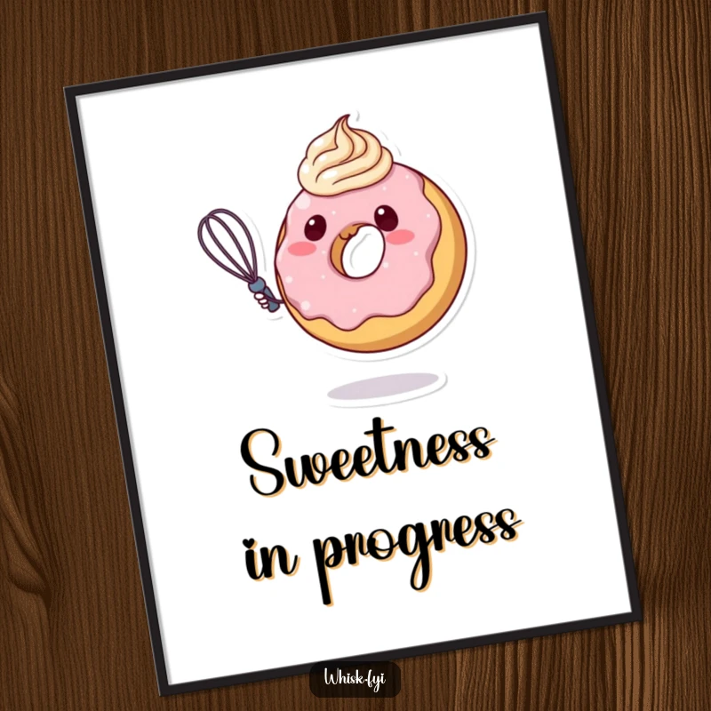 Funny donut character in mid-swirl with a whisk and frosting, presented on a poster, capturing a moment of pure sugary delight.