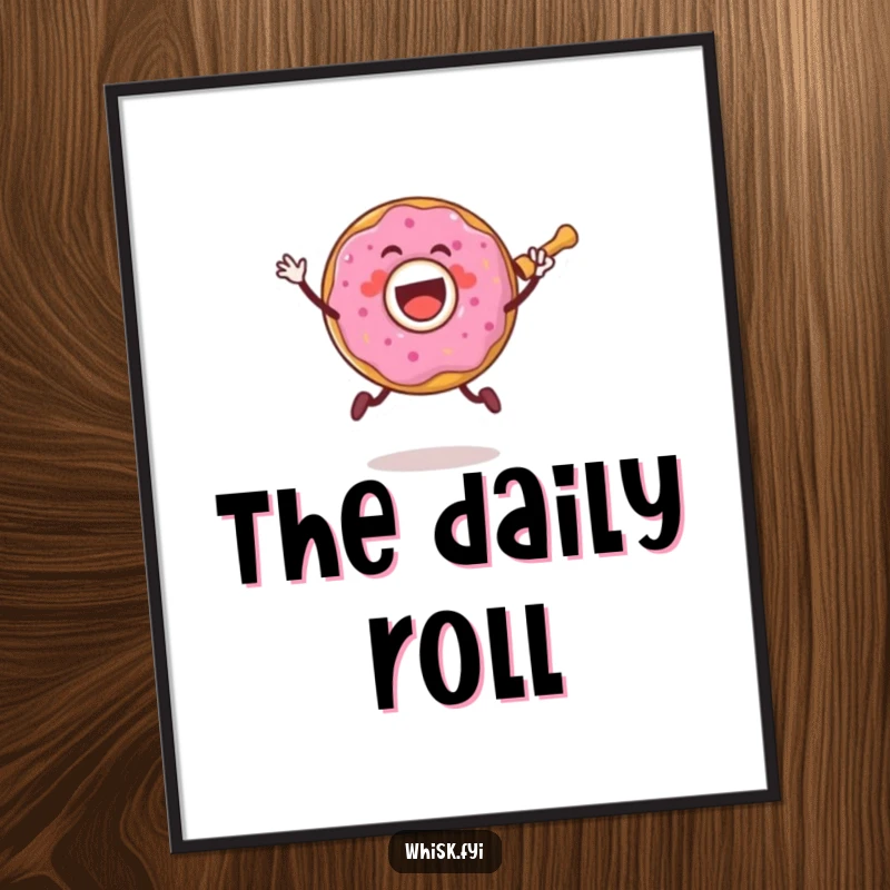 Funny poster showcasing a joyful donut character happily jumping with a rolling pin, ready to bake.