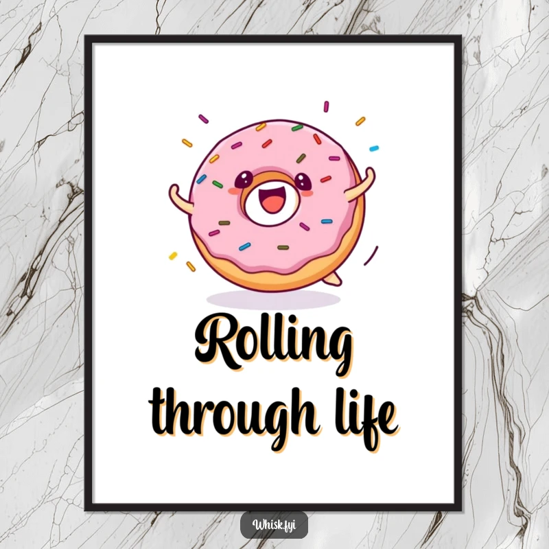 Funny donut poster shows a cheerful donut character joyfully rolling, with a dynamic explosion of sprinkles, adding humor to wall art.