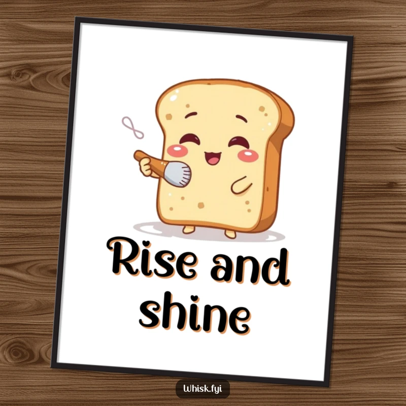 Funny poster featuring a giggling slice of bread character cheerfully dusting flour with a tiny brush, a whimsical piece of kitchen art.