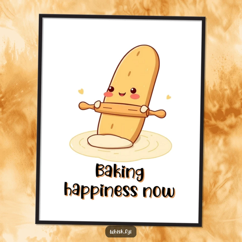 Funny poster illustrating a gleeful baguette rolling out dough with a tiny rolling pin, adding humorous and charming bread-themed art.