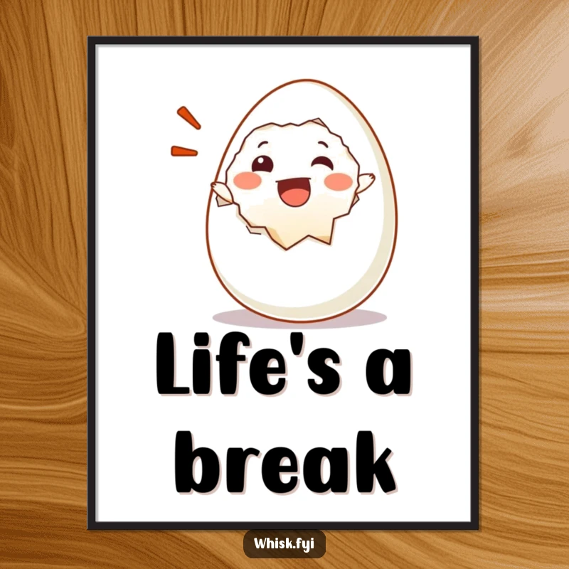 Funny poster of a happy egg character cracking open with a joyful exclamation, symbolizing morning delight.