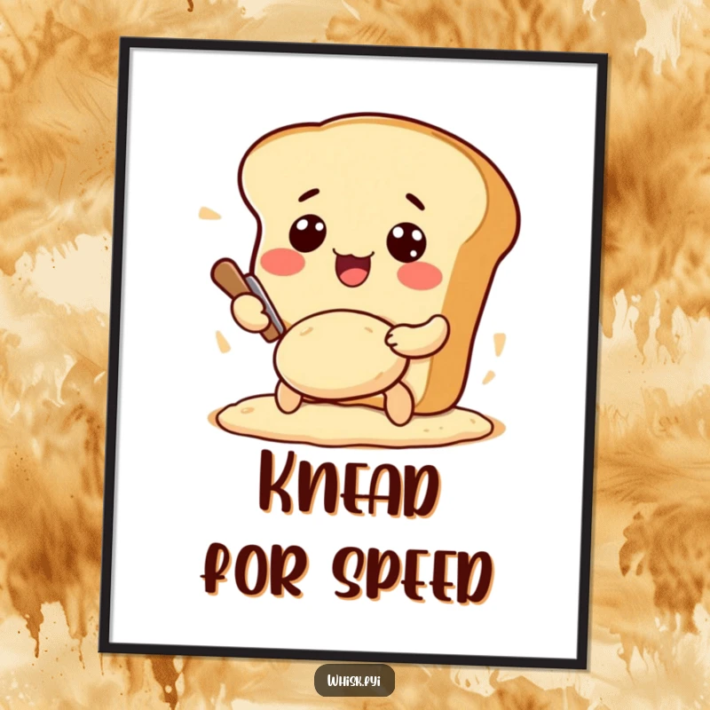 Funny Kawaii bread poster, depicting an excited bread loaf character joyfully kneading dough, perfect kitchen wall art.