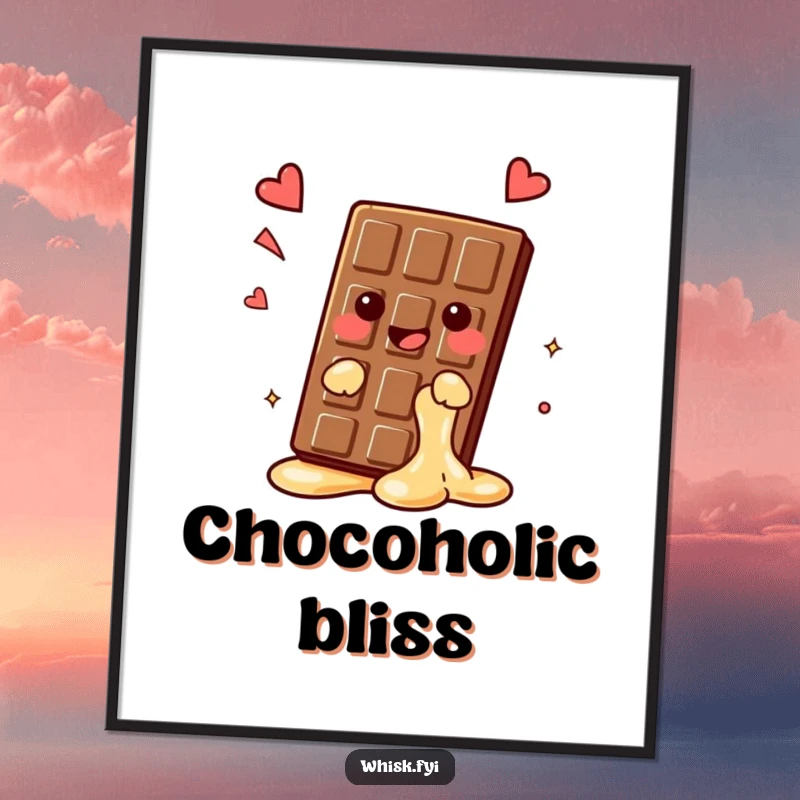 Funny kawaii chocolate bar poster, melting slightly with a happy sigh, sweet and hilarious wall art, perfect funny gift.
