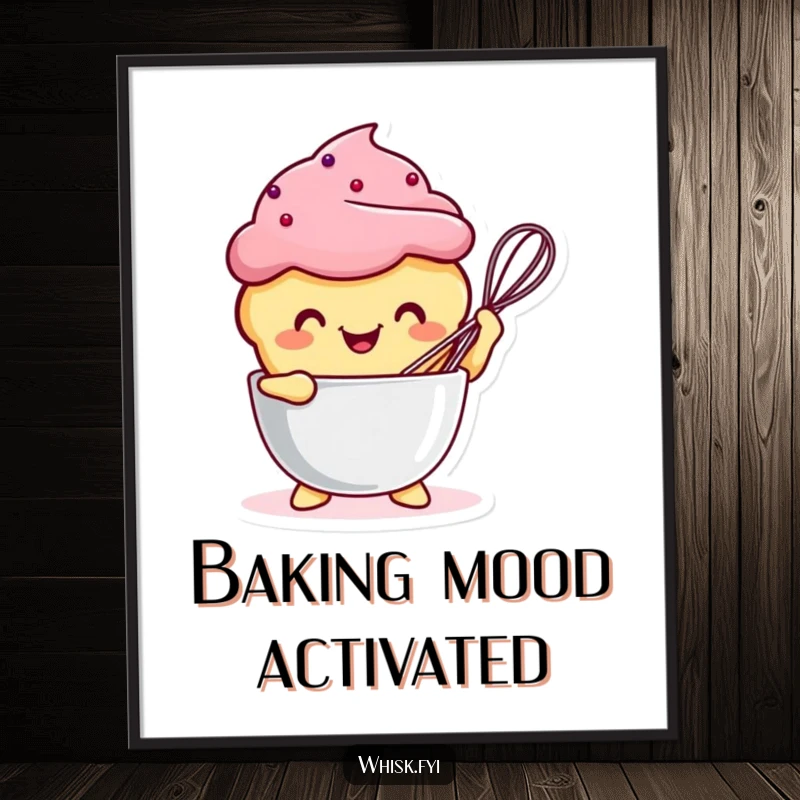 Funny Kawaii muffin character actively whisking a mixing bowl, vibrant wall art for a cheerful kitchen.