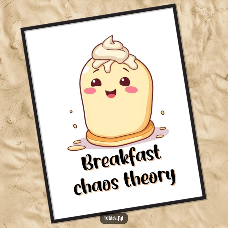 Funny poster illustrating a happy pancake character in mid-flip, splattered with frosting, embodying breakfast fun.