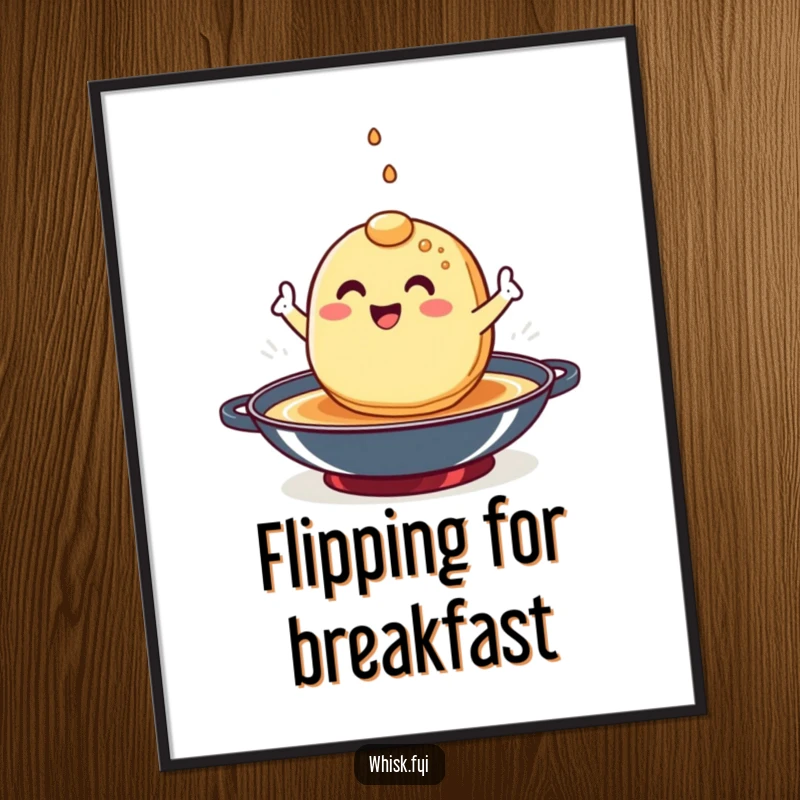 Funny pancake poster art showing a happy character skillfully flipping itself in a hot frying pan.