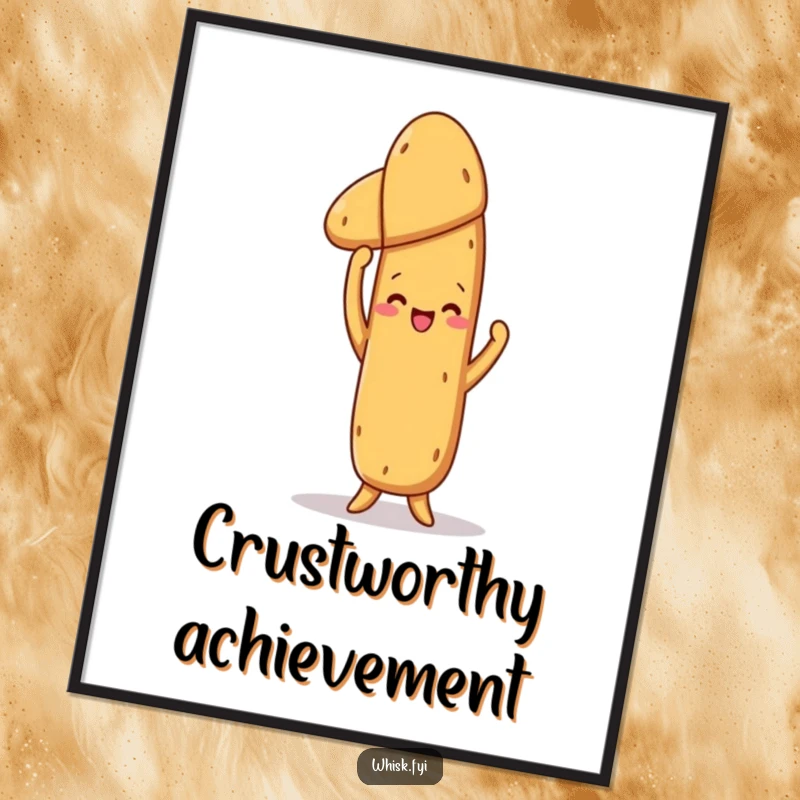 Funny Baguette Poster: A proud baguette triumphantly holding a perfectly baked loaf, a humorous piece of art for any kitchen.