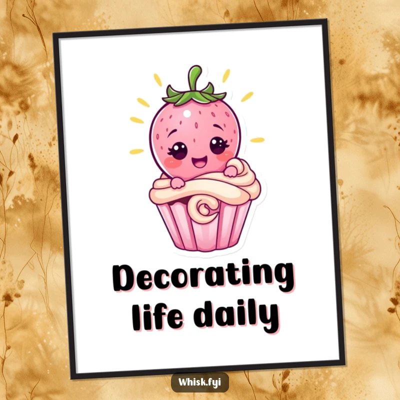 Funny radiant pink strawberry character proudly grinning while decorating a cupcake with a swirl, displayed on a poster, baking art.