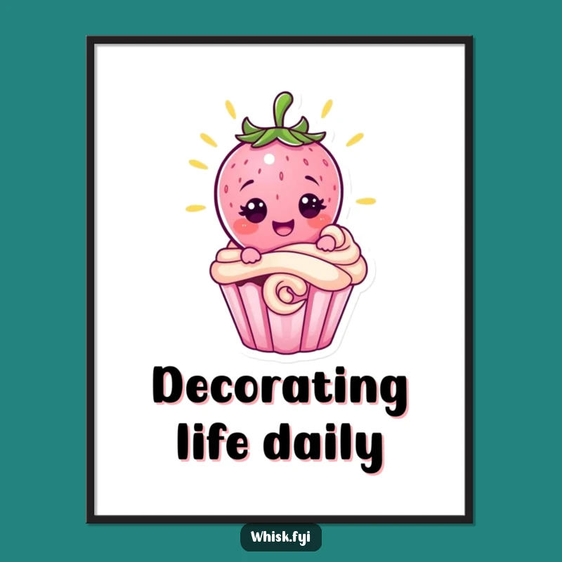 Funny Strawberry Decorating Cupcake Poster - Whimsical Baking Art Gift