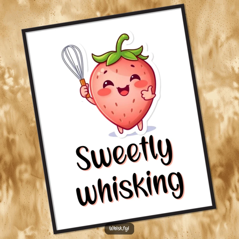 Funny strawberry poster depicting a happy strawberry character playfully holding a whisk, adding sweetness to any wall.