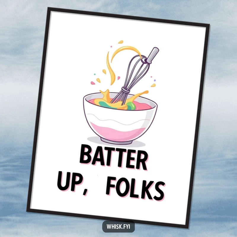 Funny poster art of a giggling whisk spinning erratically in a bowl of batter, bringing kitchen joy.