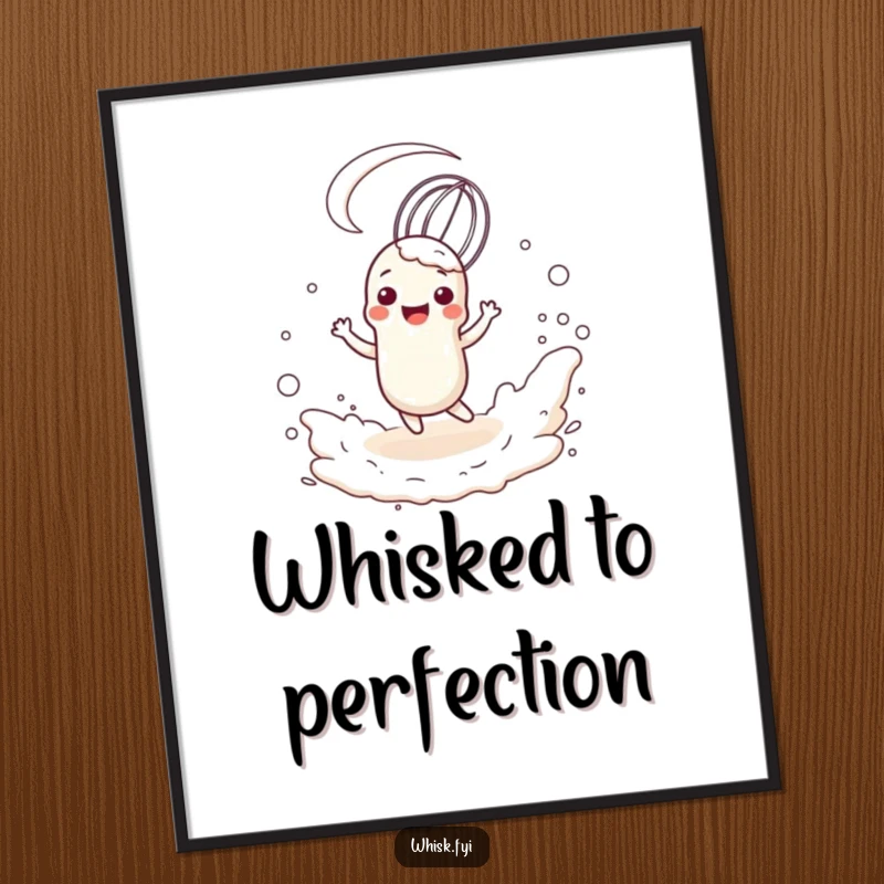 Funny anthropomorphic whisk character joyfully twirling within a cloud of flour, presented as a cheerful art print.