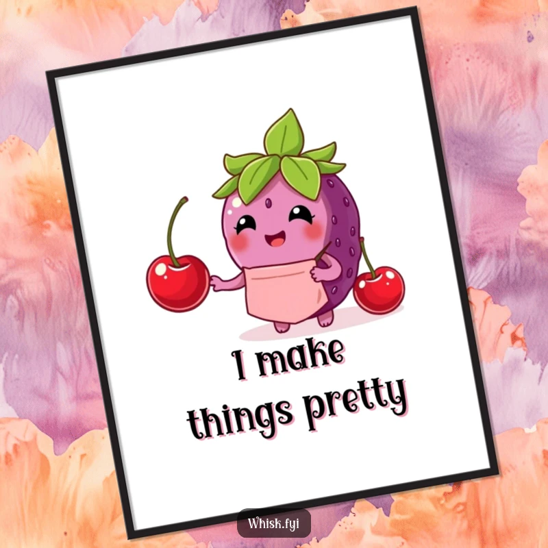 Funny berry poster print of a delighted berry chef carefully placing a cherry, adding a charming touch.