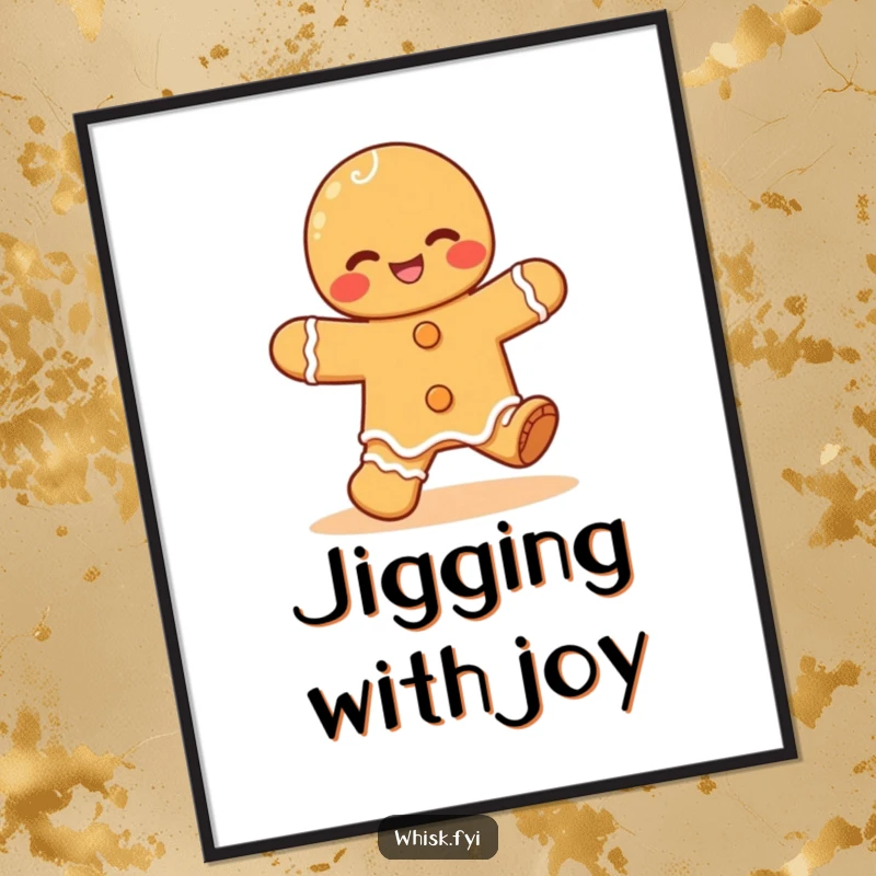 Funny Kawaii gingerbread poster, depicting a giggling gingerbread man doing a happy jig, a sweet and humorous wall decoration.
