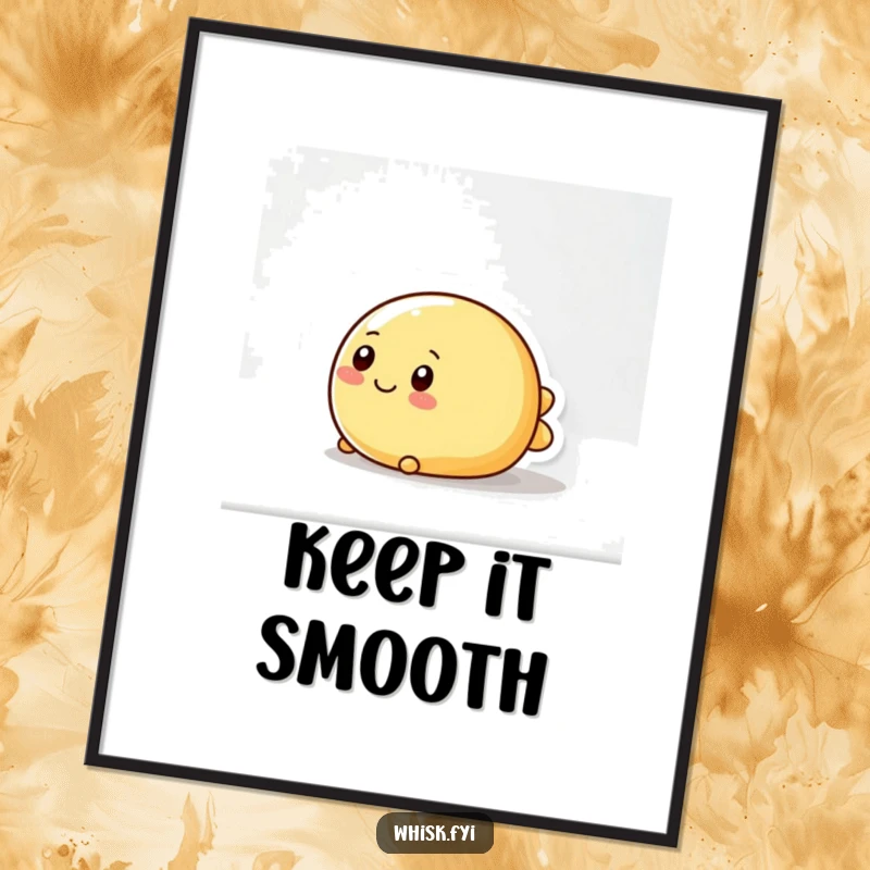 Funny poster art of a wobbly, round butter character smoothly sliding across a surface, adding whimsical decor to any room.