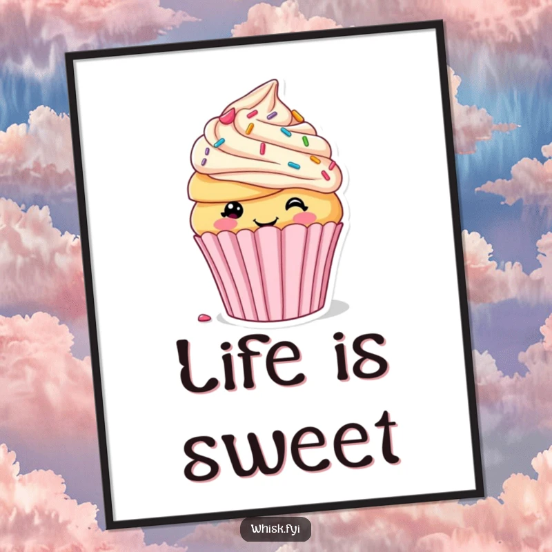 Funny poster illustrating a smiling cupcake self-decorating with sprinkles and frosting, bringing vibrant, humorous dessert art to life.