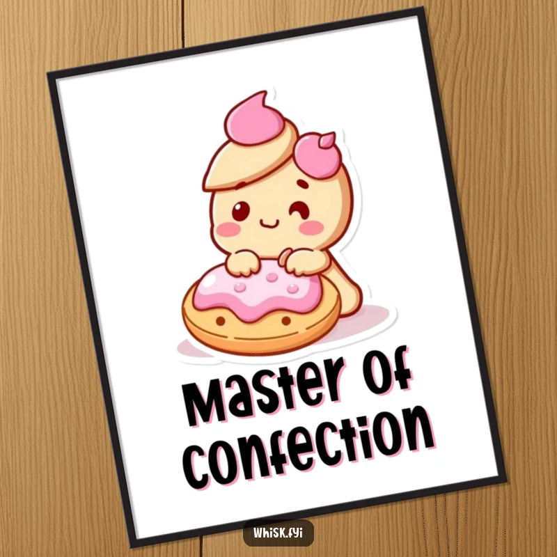 Funny Kawaii cookie character humorously delighted and icing another cookie on a poster, promoting baking artistry.