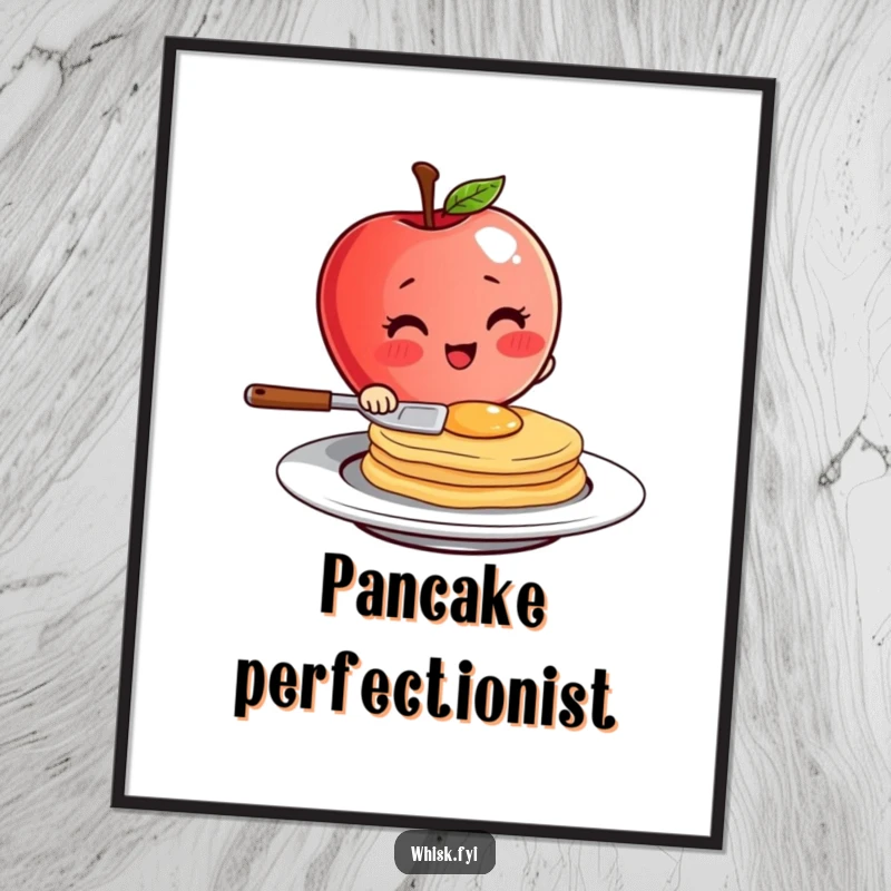 Funny blushing red apple character with a tiny spatula flipping a pancake with flair, displayed on a poster, breakfast art.