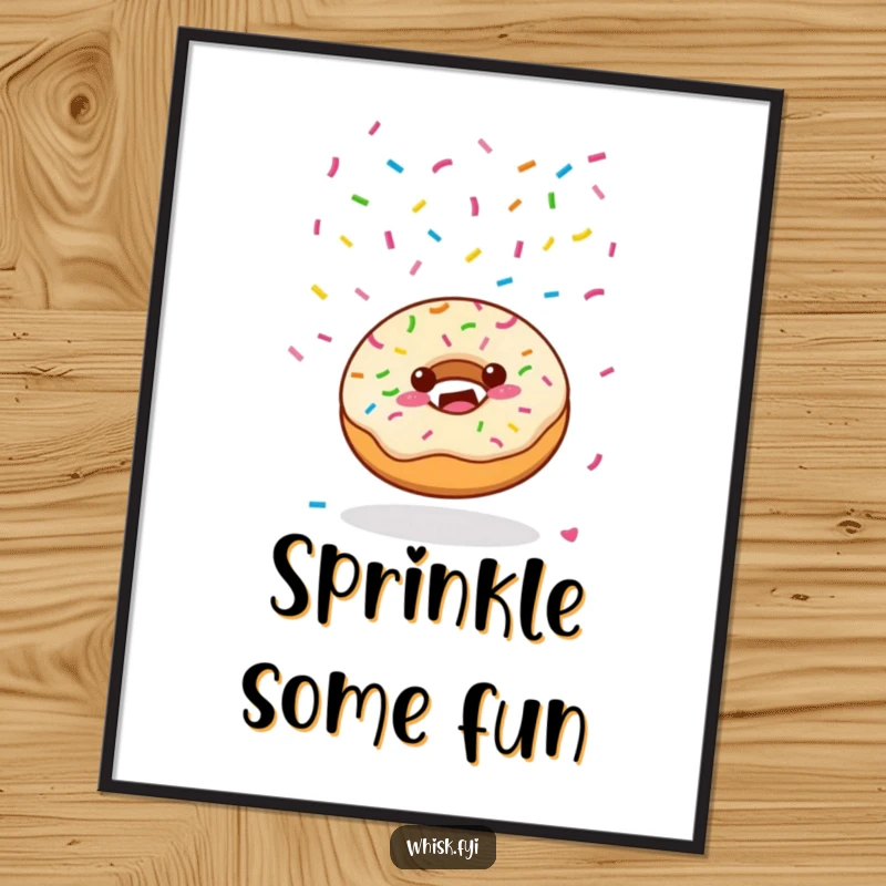 Funny Kawaii donut character joyfully scattering colorful sprinkles from above on a poster, creating a cheerful scene.