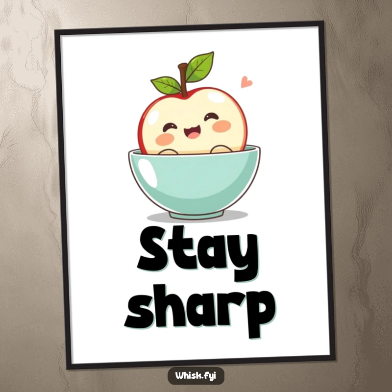 Funny kawaii apple poster, bobbing with excitement in a bowl, vibrant and cheerful wall art.