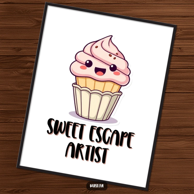 Funny kawaii cupcake poster, excitedly popping out of its paper cup, vibrant and hilarious wall art, perfect funny gift.