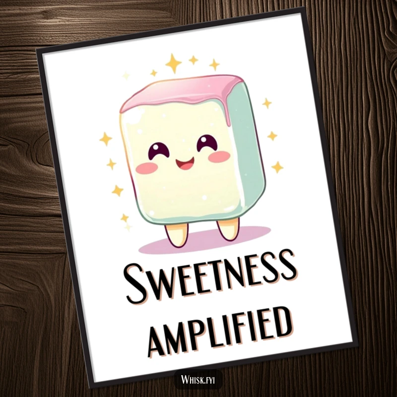 Funny poster art of a radiant, smiling sugar cube character sparkling brightly after being mixed, adding cheerful decor.