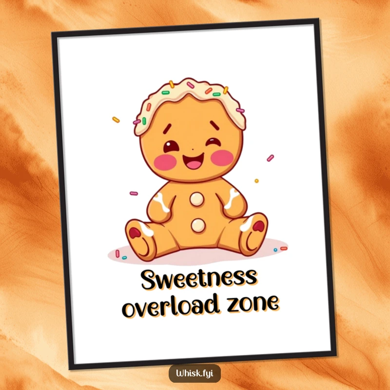 Funny gingerbread man poster, artistically decorating with sprinkles, a vibrant and joyous piece of wall art.