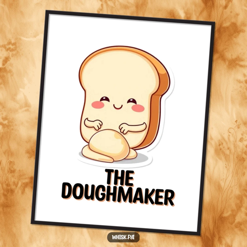 Funny, smiling bread slice character actively kneading dough, presented as a cheerful art print for kitchen walls.