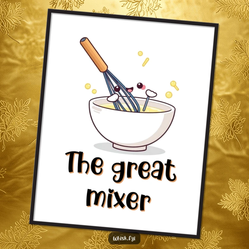 Funny kawaii poster showcasing a whisk in mid-stir with great energy and a happy vibe.