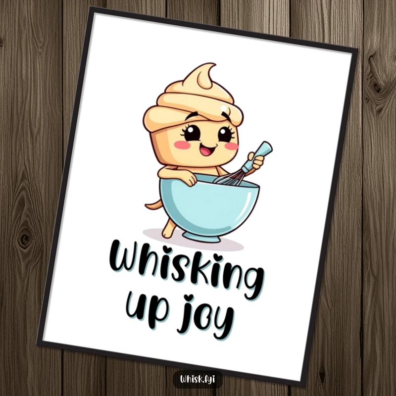 Funny cupcake poster art showing a smiling baker character diligently whisking a bowl of batter with enthusiasm.