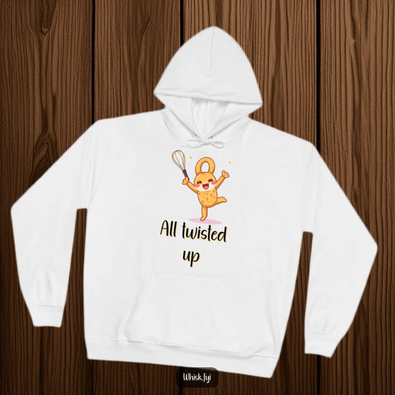 Funny hoodie design of a pretzel performing a joyful somersault, whisk in hand, ready for baking adventures.