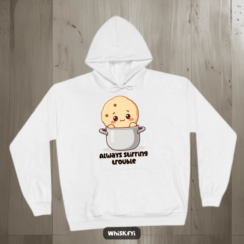Funny kawaii cookie character hoodie showing a cute cookie engrossed in stirring a simmering pot.