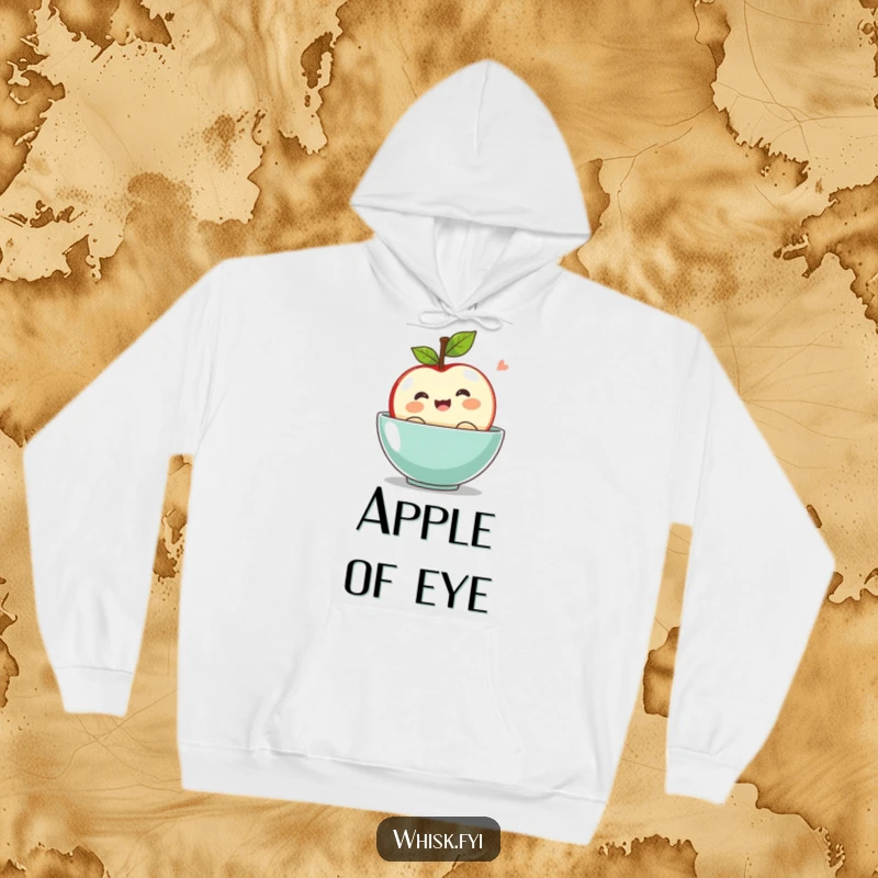 Funny kawaii apple hoodie, bobbing with excitement in a bowl, warm and festive.