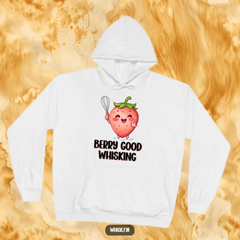 Funny strawberry hoodie featuring a happy strawberry character playfully holding a whisk, perfect for cozy days and baking fun.