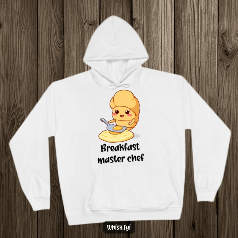Funny smiling croissant expertly flipping a pancake with a spatula, captured humorously on a warm hoodie.