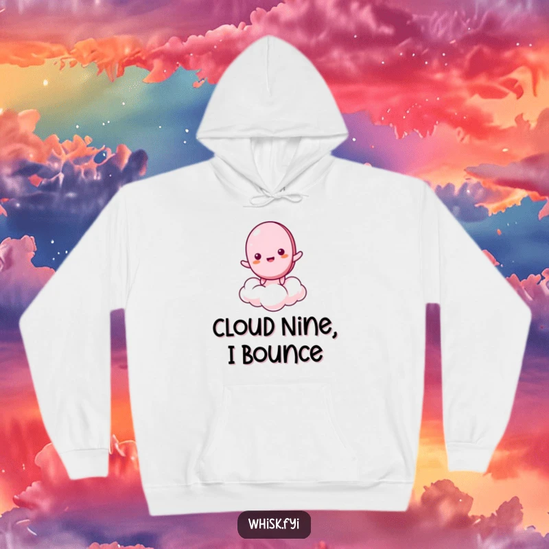 Funny hoodie featuring a giddy macaron character bouncing on a cloud, offering cozy warmth and a touch of humorous whimsy.