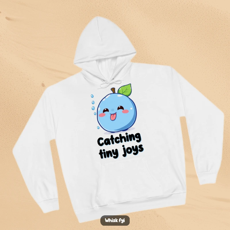 Funny cheerful blue blueberry character with a mischievous grin catching a falling sprinkle on a cozy hoodie, perfect for dessert lovers.
