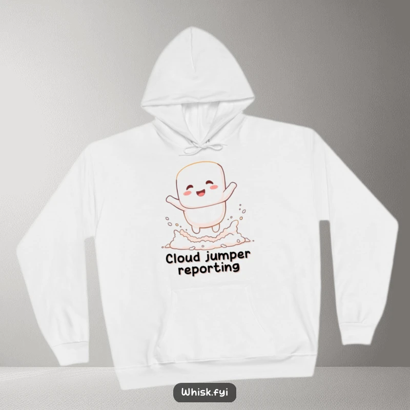 Funny giggling white marshmallow happily jumping into a cloud of flour on a cozy hoodie, perfect for baking humor lovers.