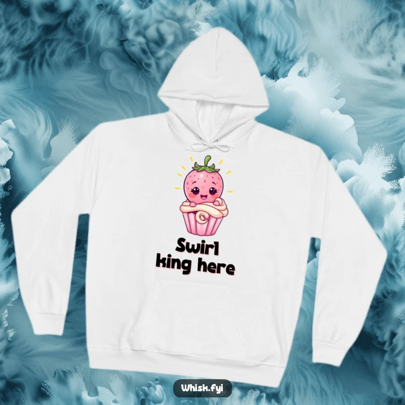 Funny pink strawberry character proudly decorating a cupcake with a swirl, featured on a cozy hoodie, a delightful baking humor gift.