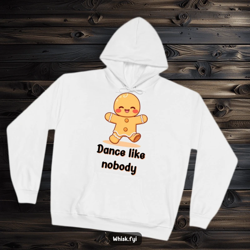 Funny Kawaii gingerbread hoodie, featuring a cute and giggling gingerbread man doing a happy jig, perfect for cozy warmth.