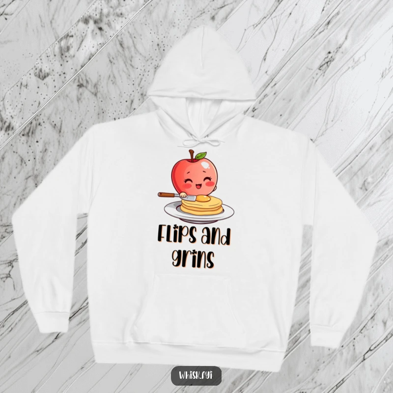 Funny blushing red apple character flipping a pancake with flair on a cozy hoodie, perfect for breakfast lovers.