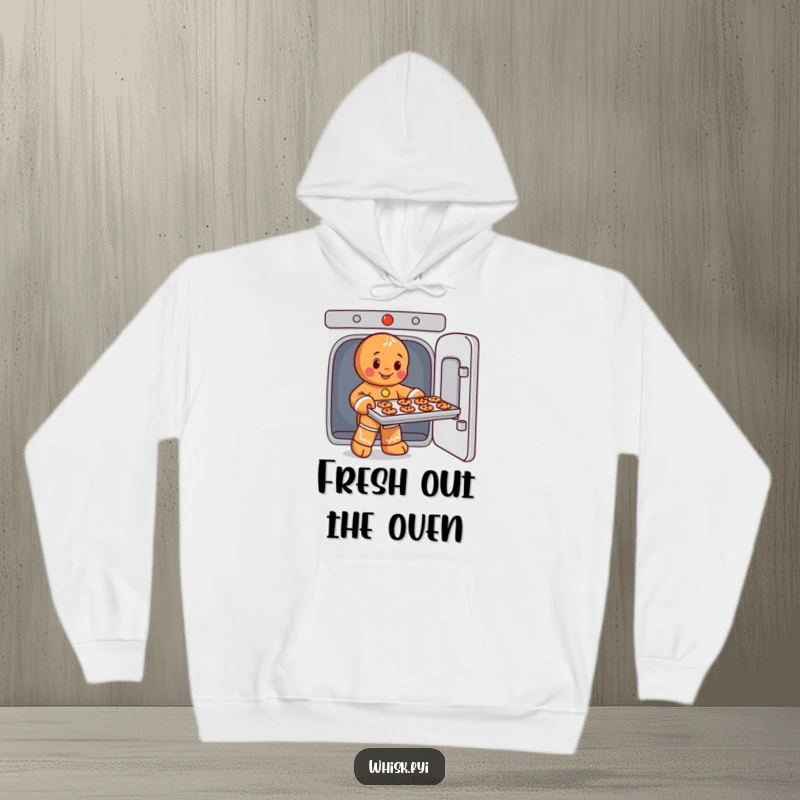 Funny hoodie illustrating a playful gingerbread man taking a fresh batch of cookies out of an oven, perfect for winter warmth.