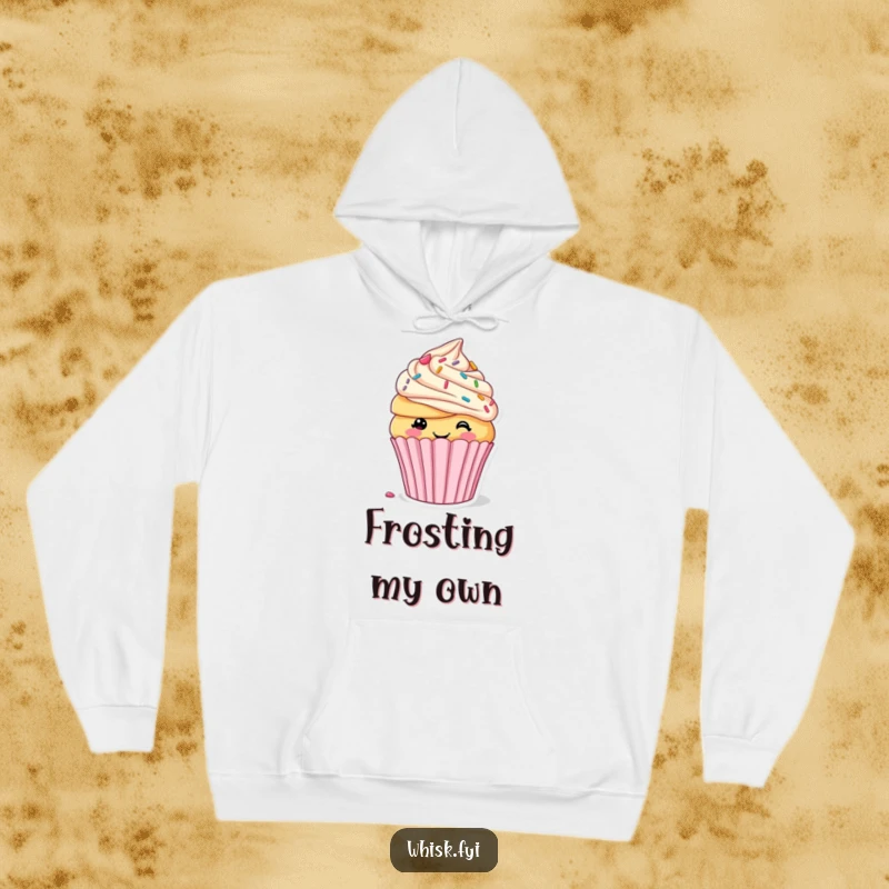 Funny hoodie showcasing a smiling cupcake self-decorating with sprinkles and frosting, offering cozy comfort with a sweet, humorous twist.