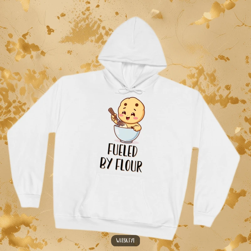 Funny hoodie with a happy cookie character vigorously whisking batter in a bowl, offering warmth and baking-themed humor.