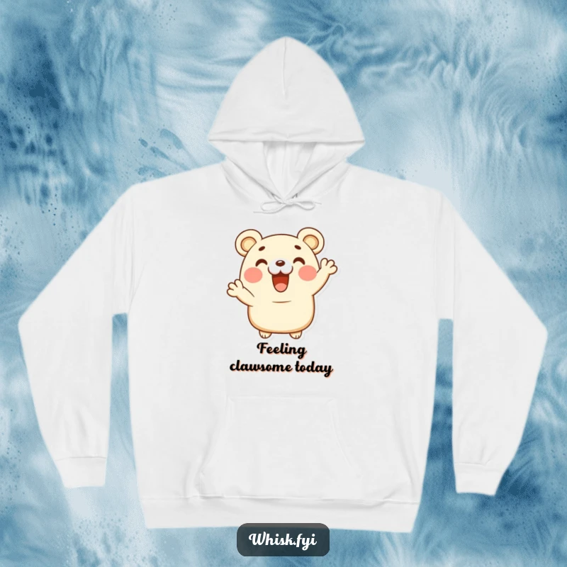 Funny happy bear claw pastry character giving a delighted cheer on a soft, warm hoodie.