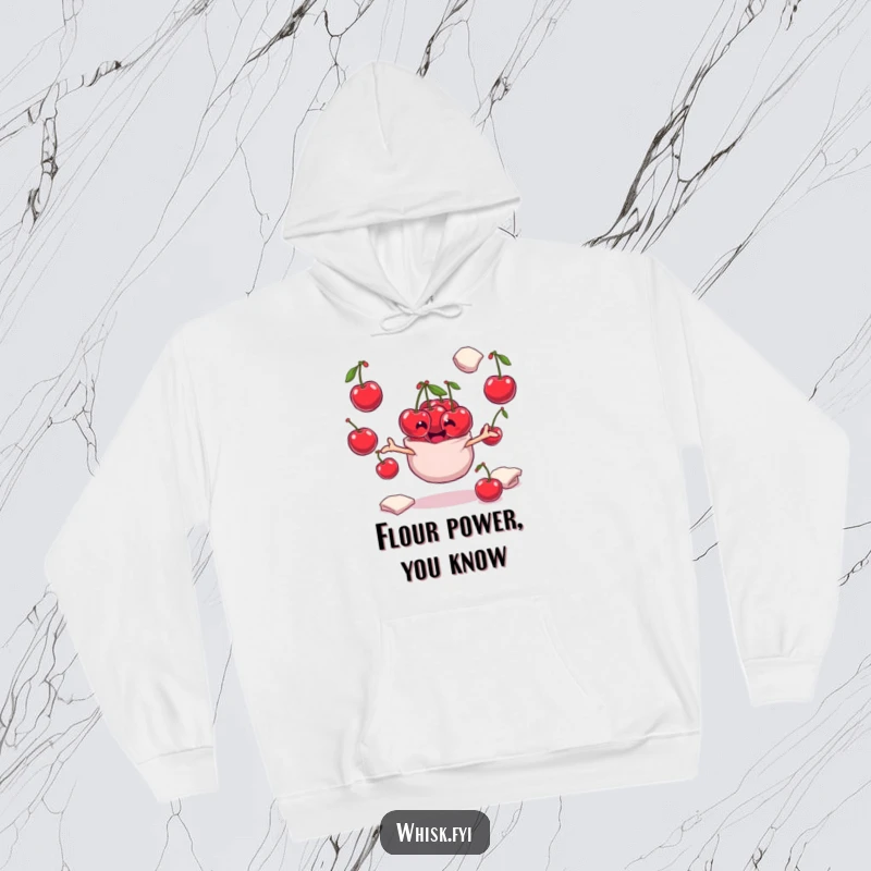 Funny playful bunch of cherries character juggling flour sacks on a soft, warm hoodie, perfect for cozy baking.