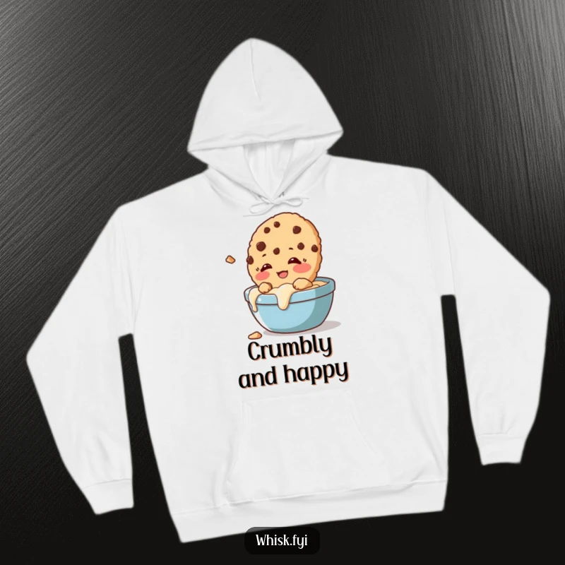 Funny hoodie design of a giggling cookie crumbling delightfully while being dunked, embodying pure cookie joy.