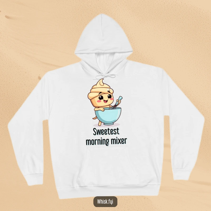 Funny cupcake character hoodie showing a smiling baker actively whisking a large bowl of delicious batter.